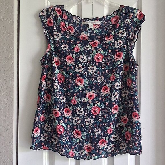 Laura Conrad Blue Floral Scallop Trim Blouse Women's Size M - Picture 1 of 12